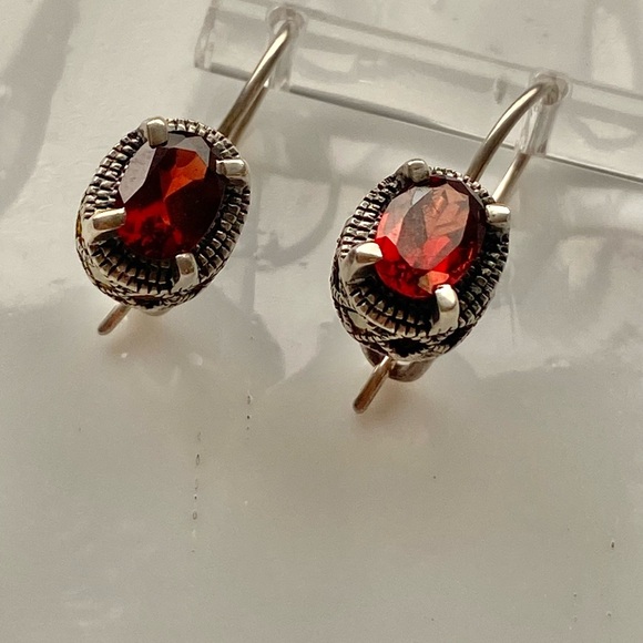 Red Garnet and Marcasite hook back Earrings - Picture 4 of 5
